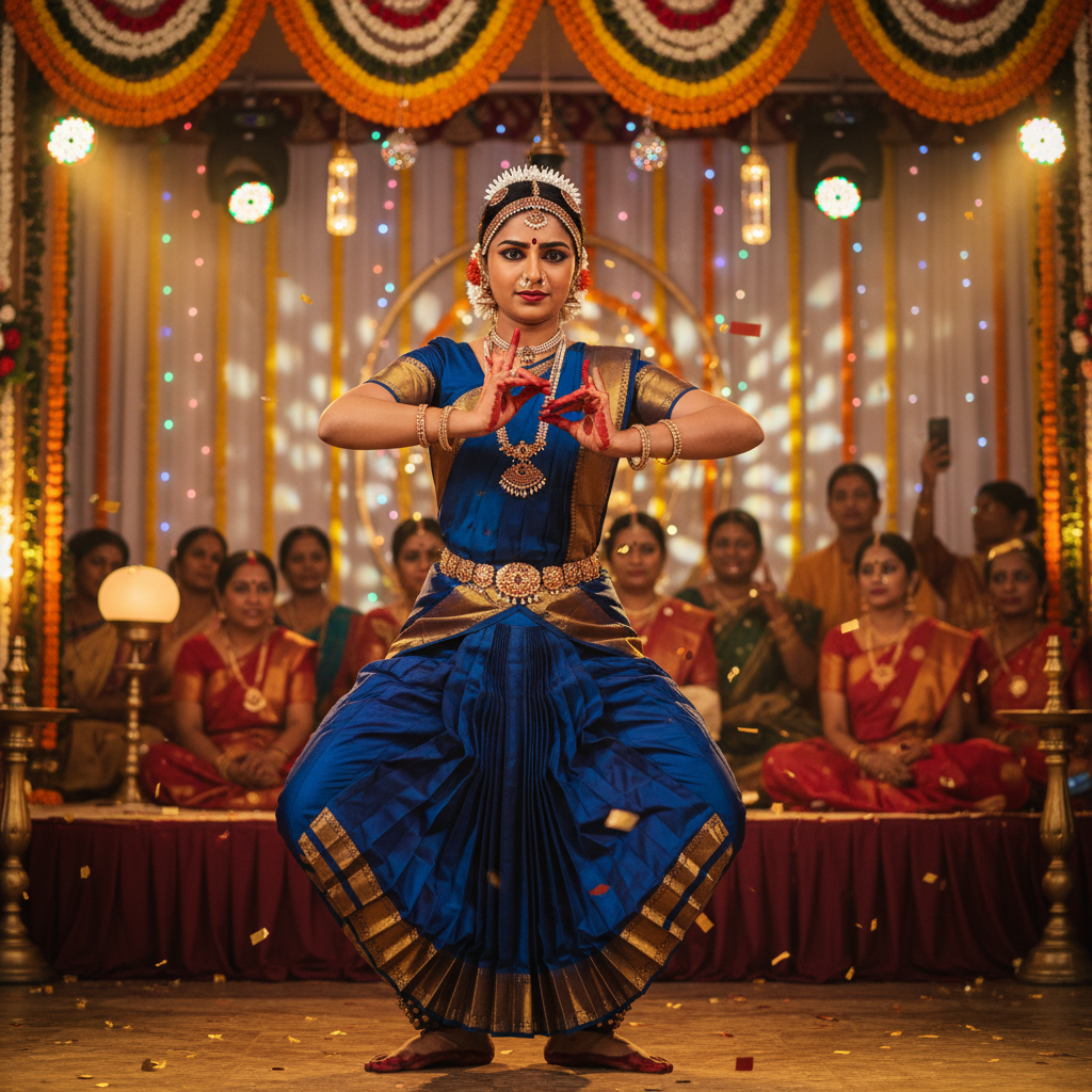 Classical Indian dancer in colorful costume performing Bharatanatyam