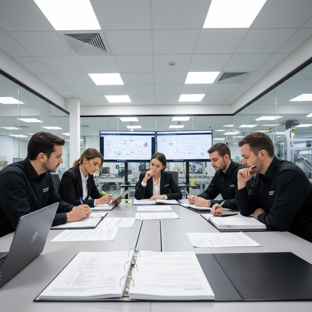 Food production facility with quality control team reviewing compliance documentation