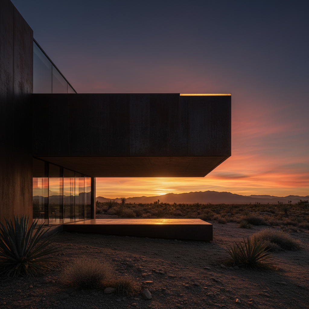 Futuristic desert landscape at dusk, dramatic purple and orange sky over sandy terrain, modern architectural vision