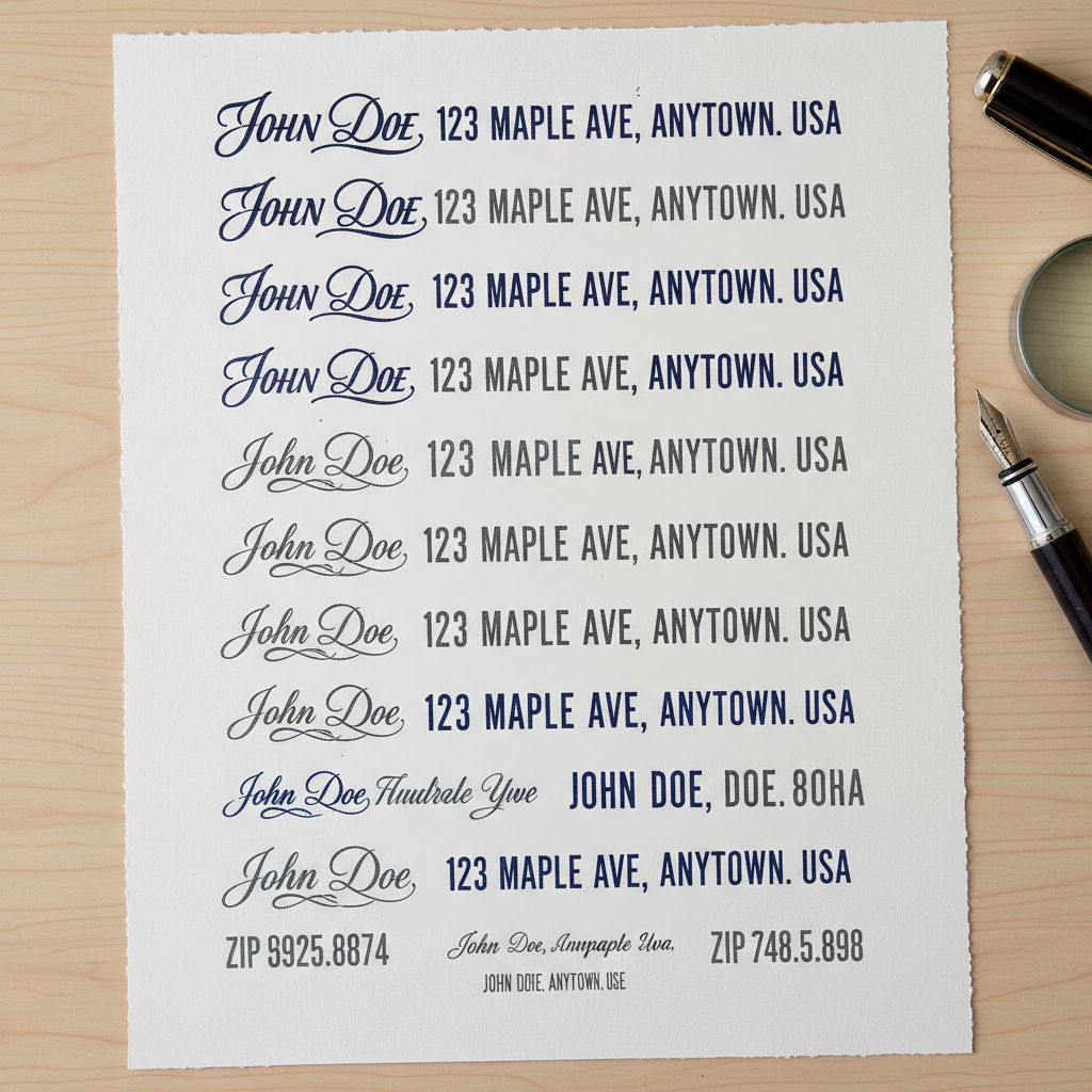 Test sheet showing address lettering variations on Crane and Co 110lb cotton paper
