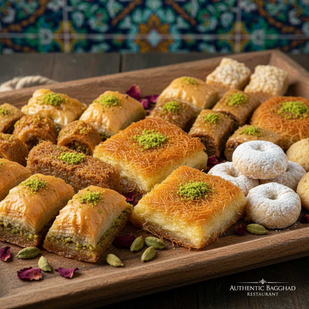 Syrian sweets assortment with golden syrup on dark wooden table