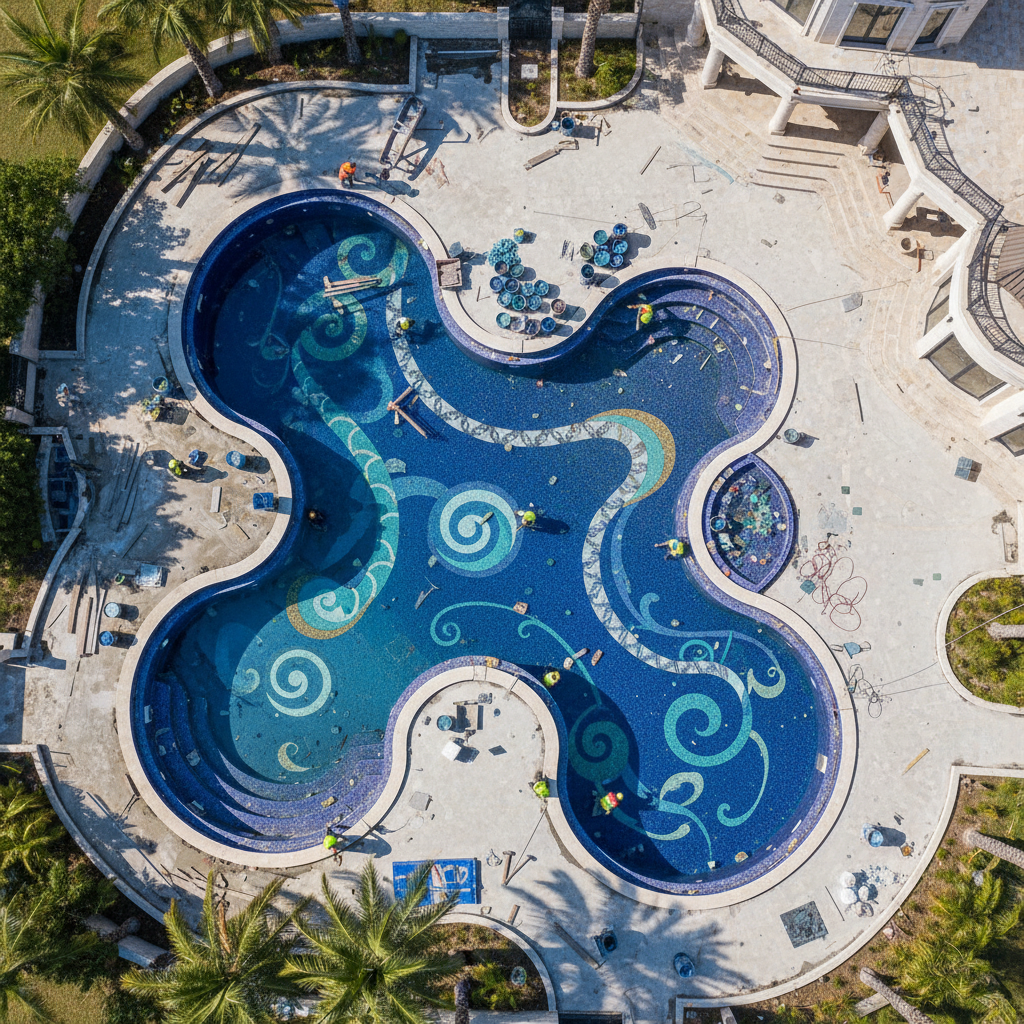 Pool renovation in progress with new mosaic tiles being laid along the pool edge, bright sunlight