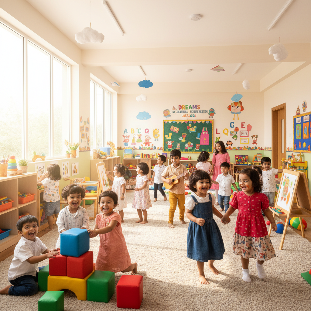 Enfants en maternelle jouant avec des jouets éducatifs colorés dans une salle lumineuse