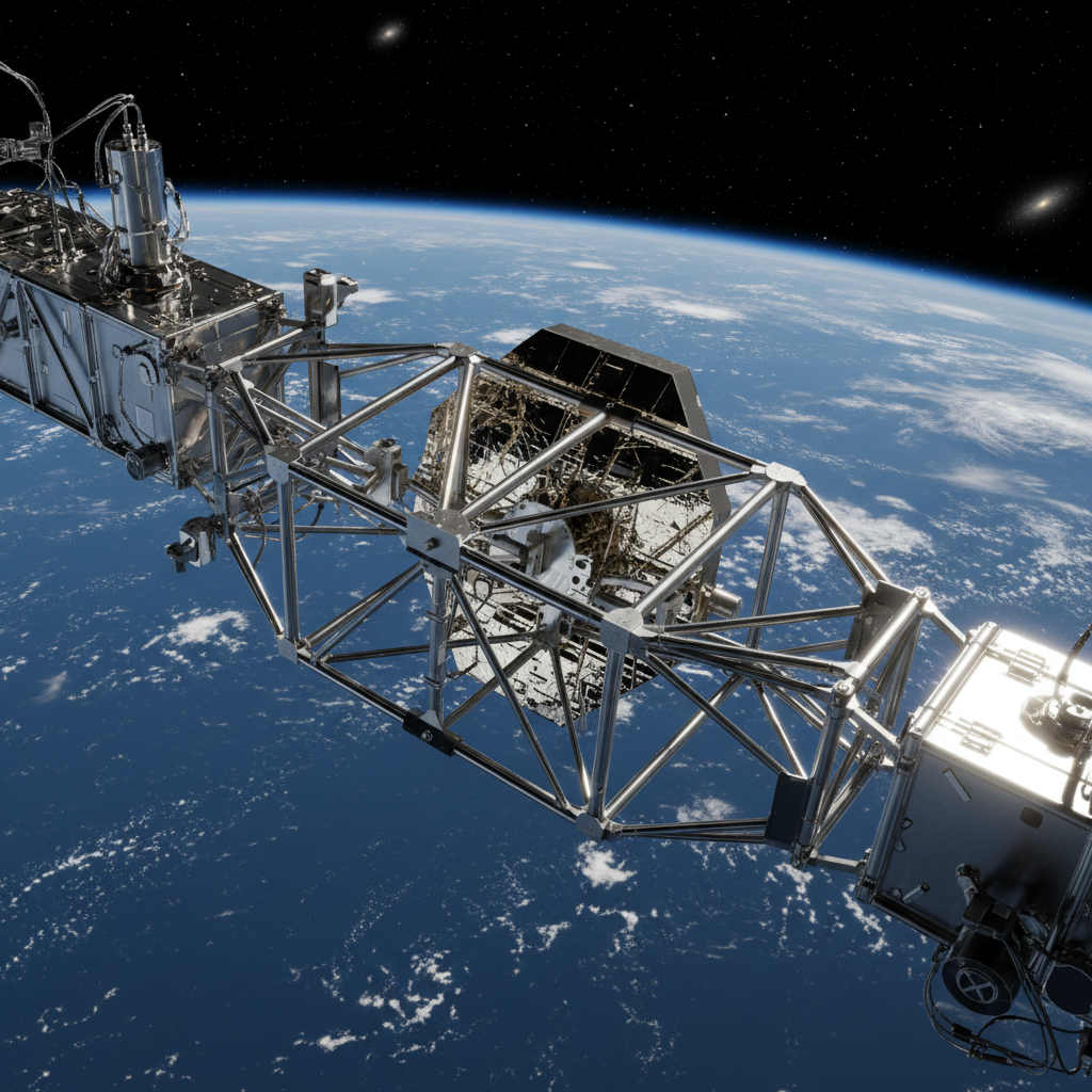 Advanced satellite deployment mechanism with precision-engineered titanium components in orbital configuration
