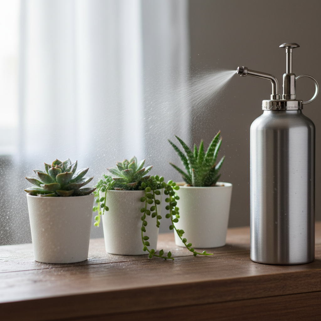 Sleek misting bottle spraying fine water mist over a row of small succulents