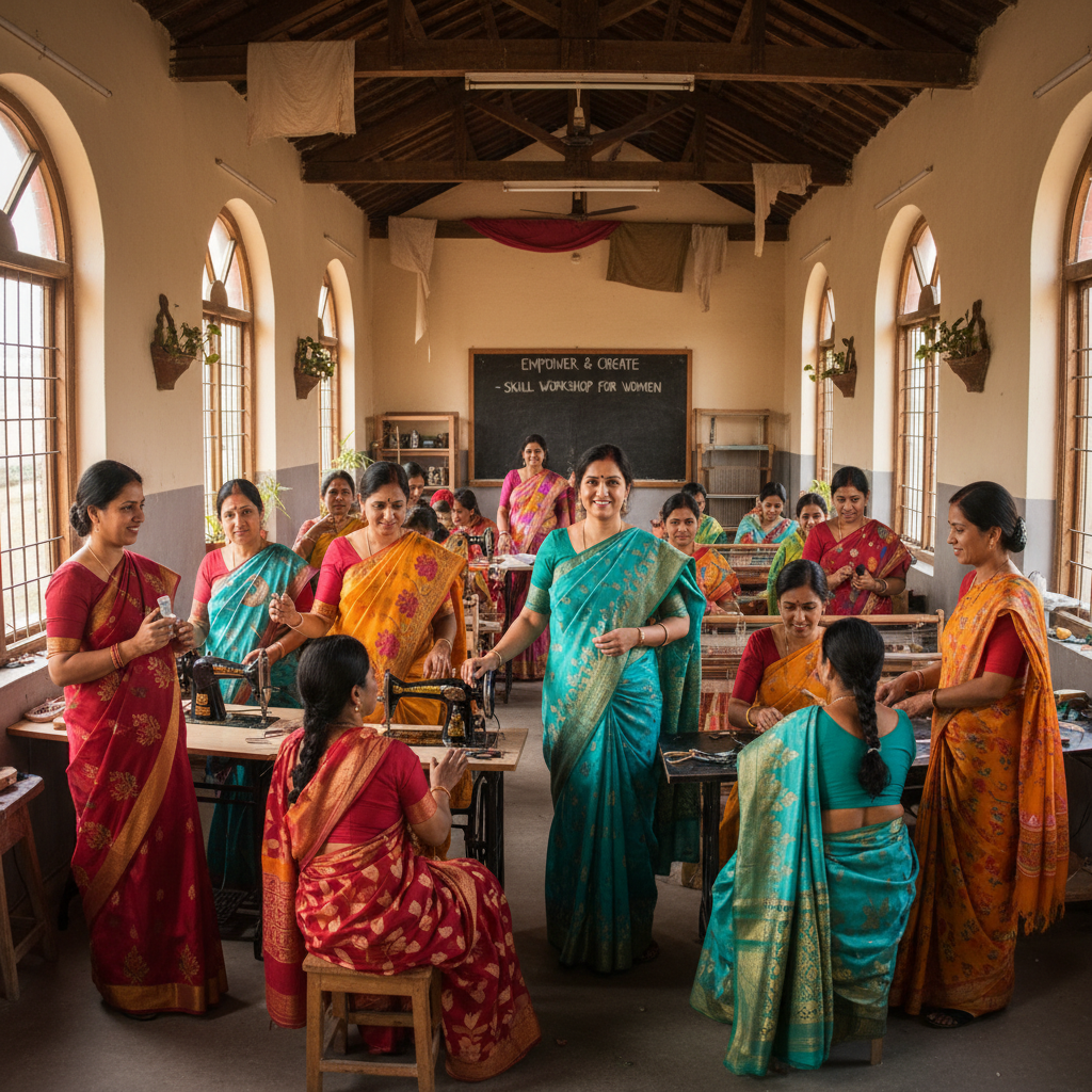 Women in colourful sarees participating in a skill workshop, bright room, focused expressions, fabric and tools on table