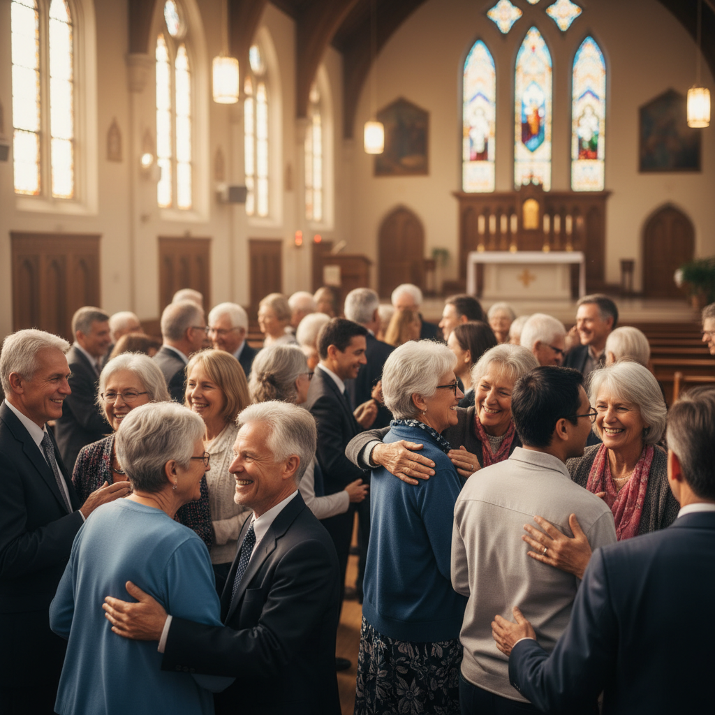 Diverse church community group smiling together outdoors in natural New Zealand setting, genuine warmth and connection