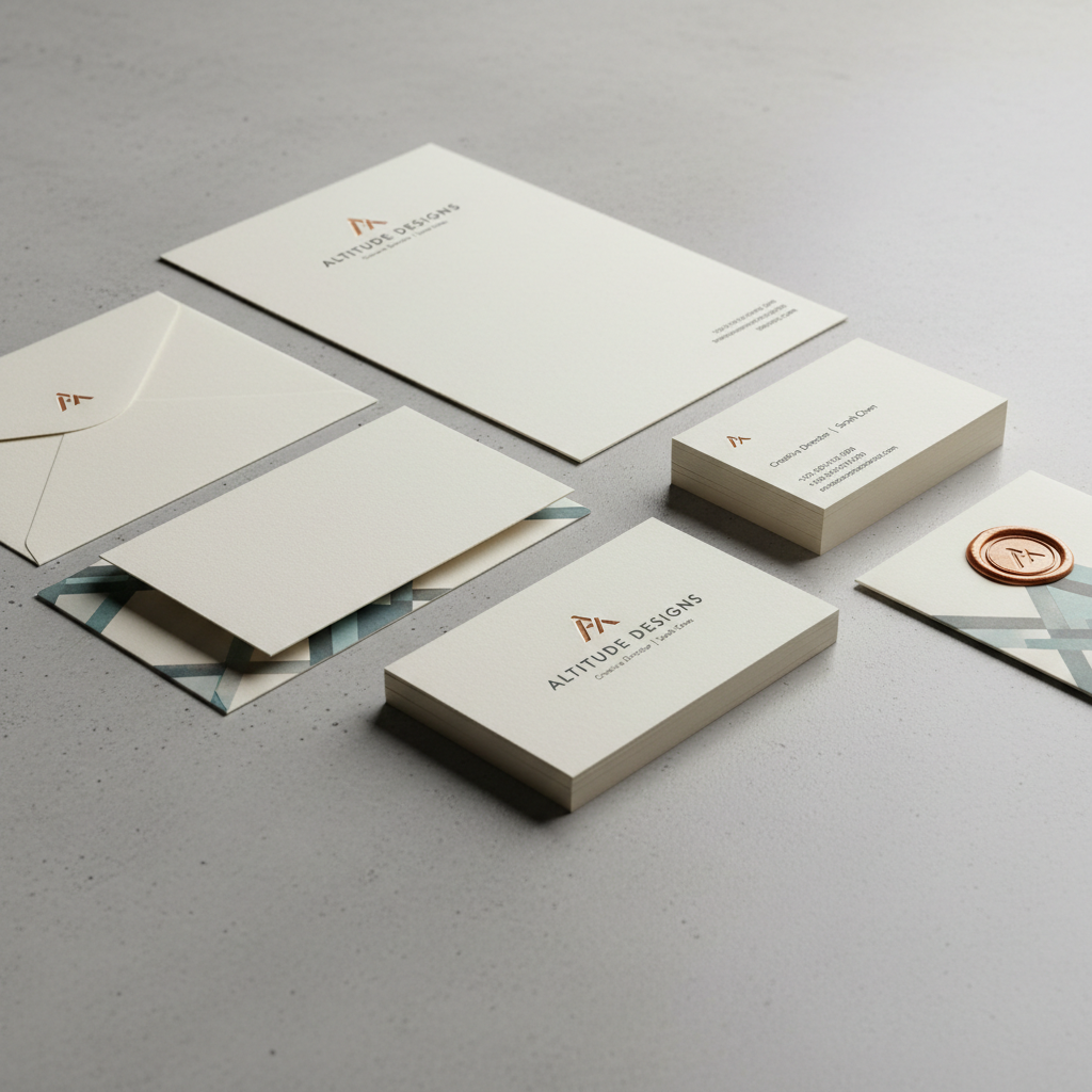 Brand identity collateral spread with business cards and stationery