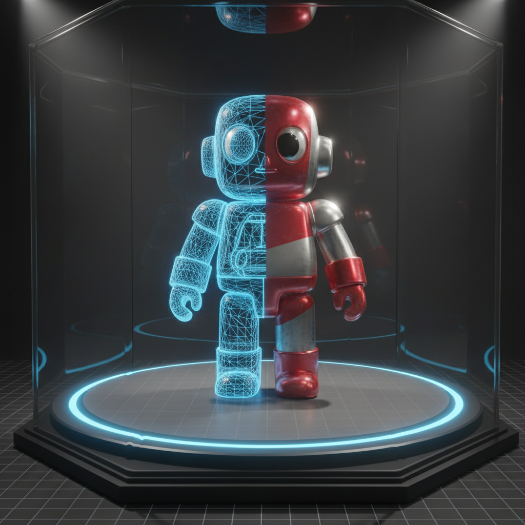Digital 3D model of toy character rotating on turntable, wireframe overlay fading to solid render, dark studio background