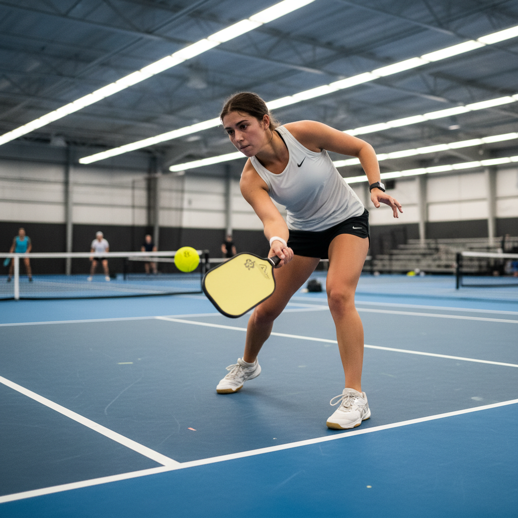 Female pickleball player mid-swing at the kitchen line, indoor court, overhead lights
