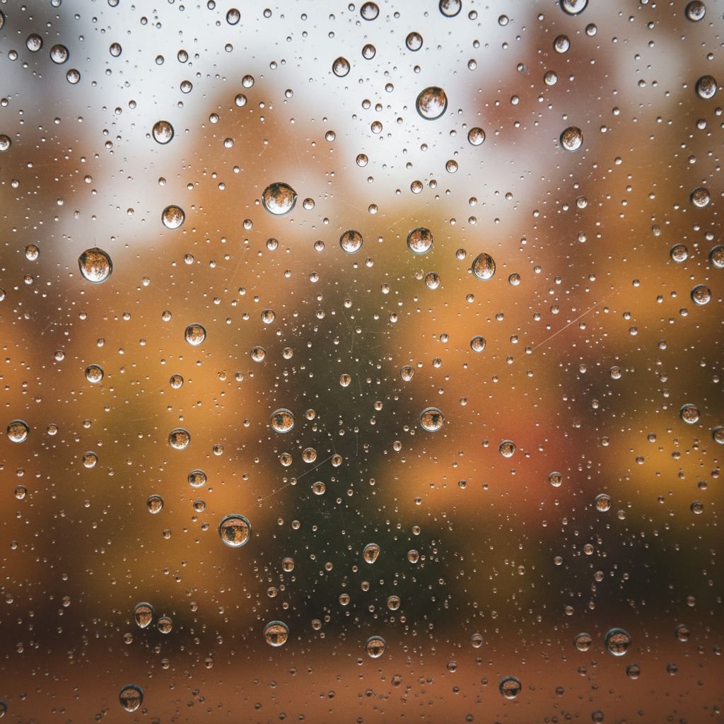 Rain droplets on a transparent surface with autumn colors in background