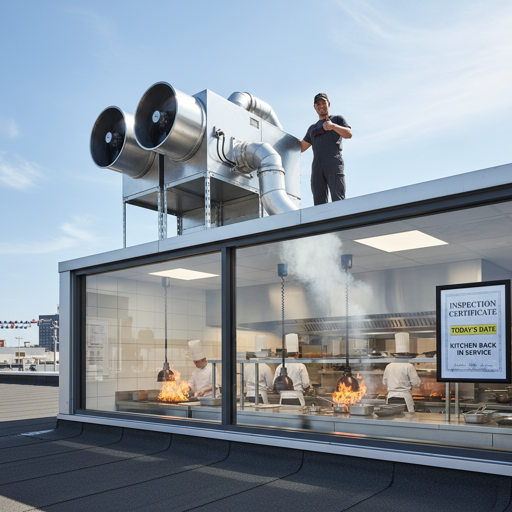 New rooftop exhaust unit installed and tested, kitchen back in service same day with inspection certificate