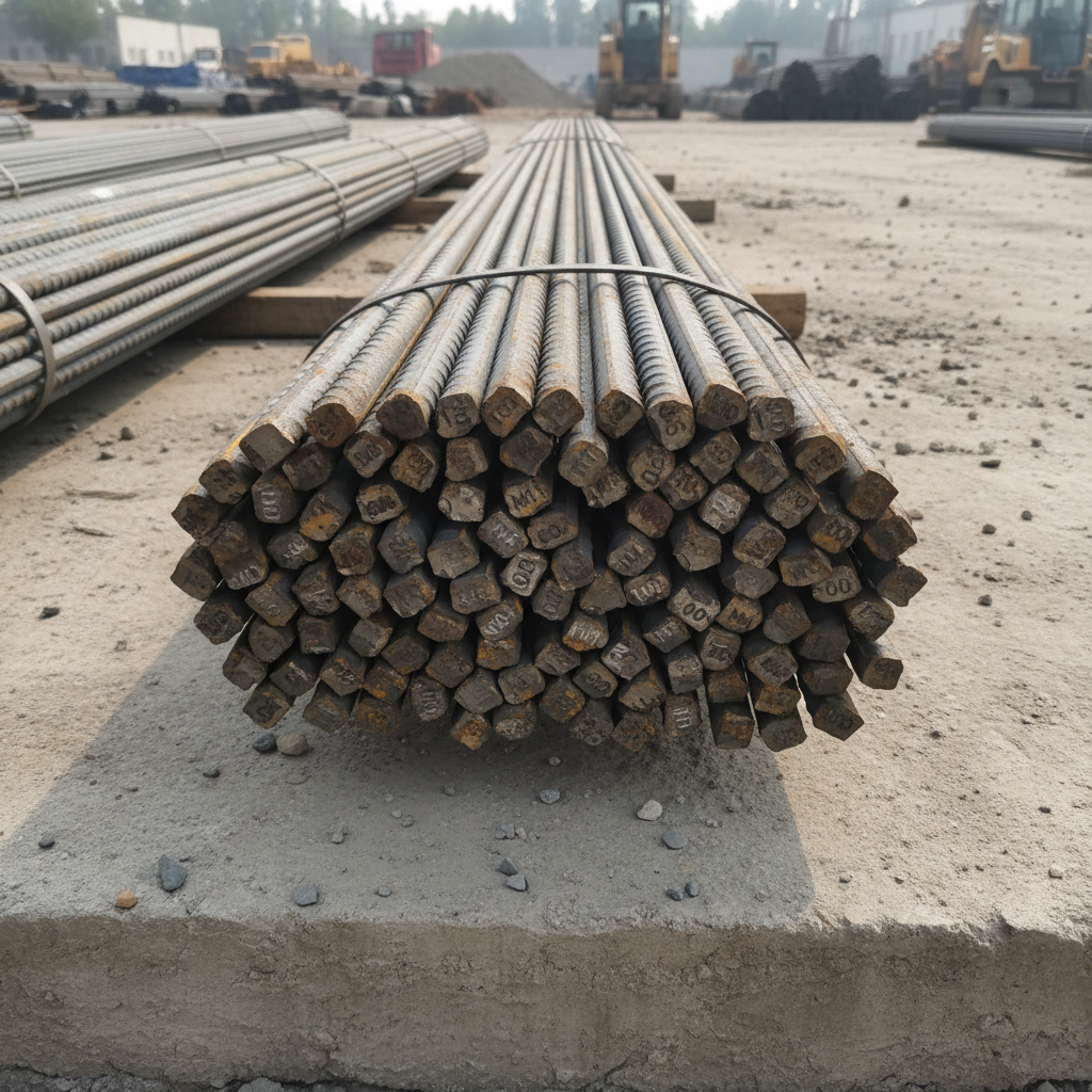 Bundle of TMT steel reinforcement bars stacked at a construction materials yard