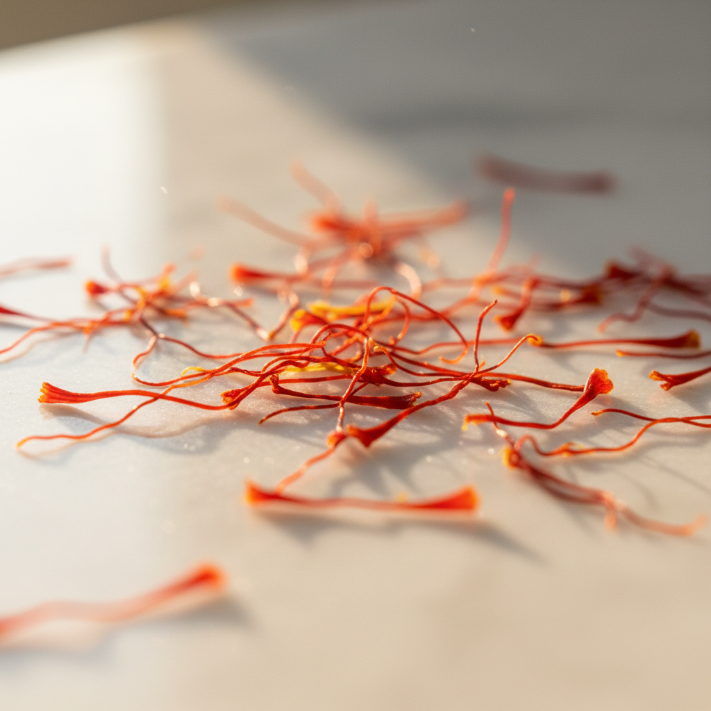 Golden saffron threads scattered on white marble with warm light