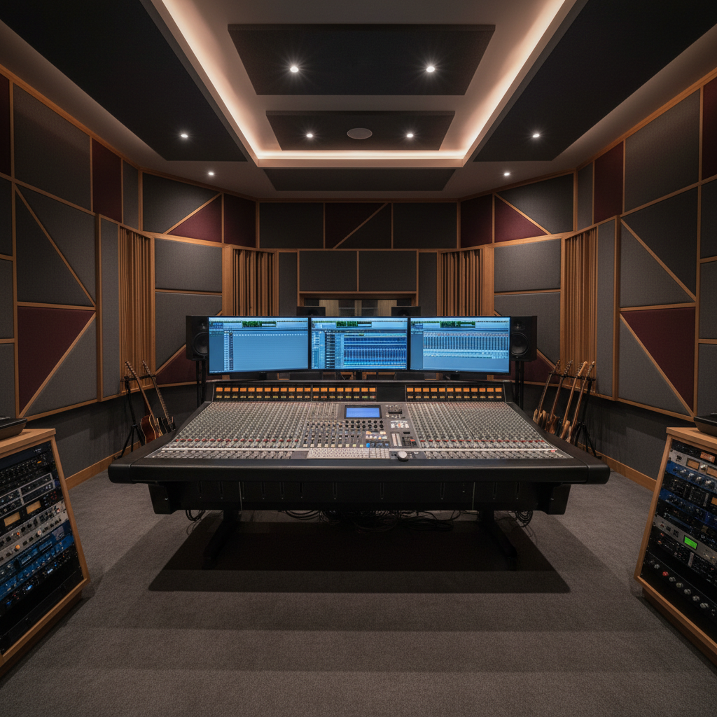 Vue d ensemble du studio avec équipement audio haut de gamme