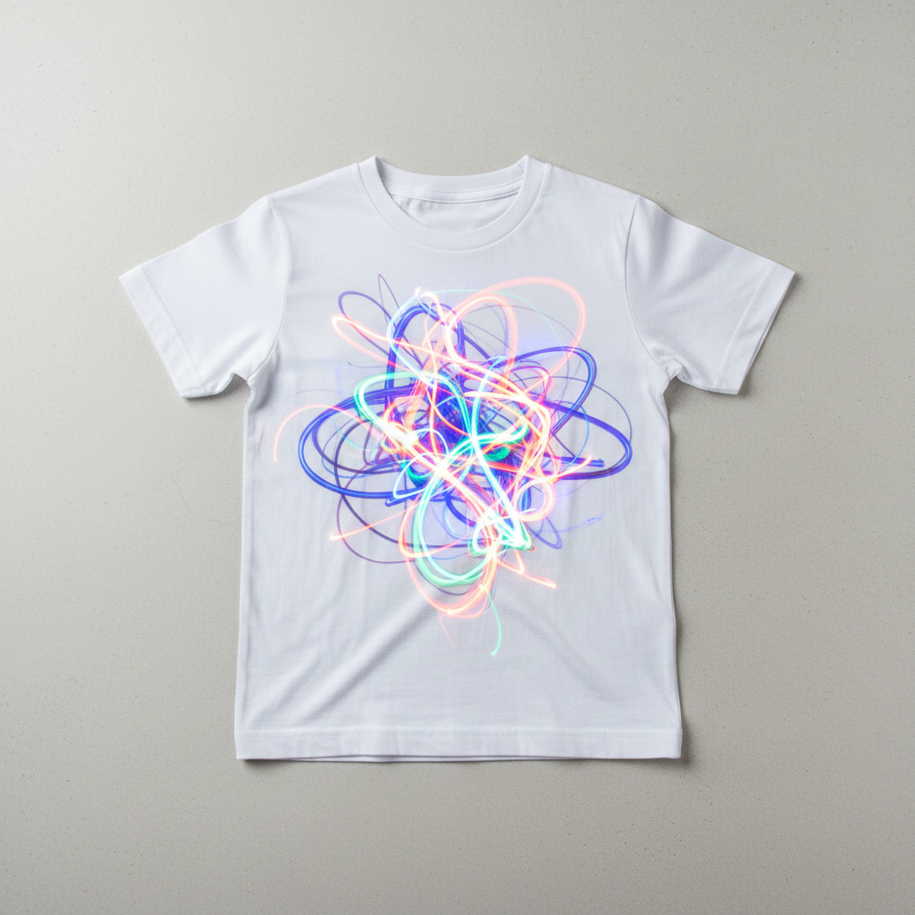 White tee with long exposure light trail art