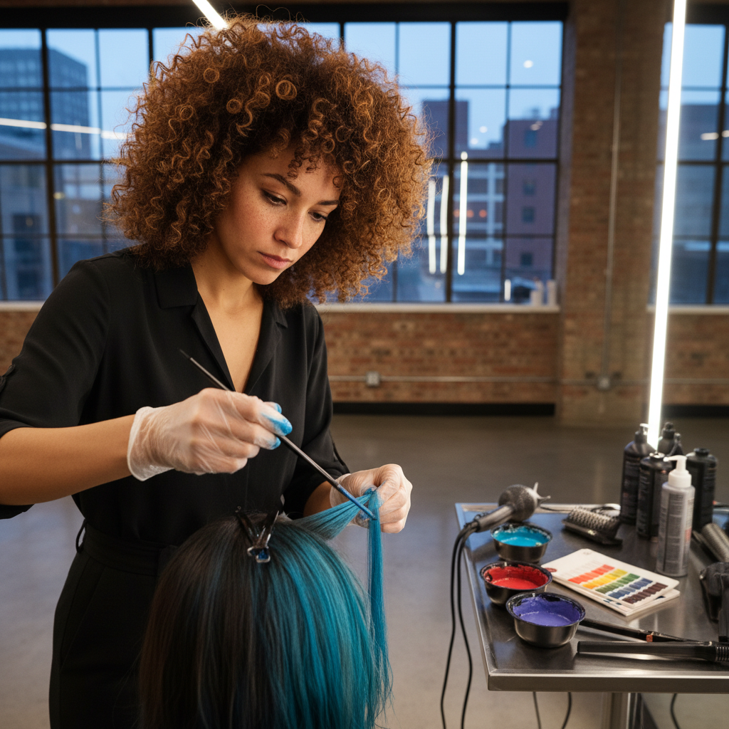 Amara Diallo, colorist with natural hair in studio setting