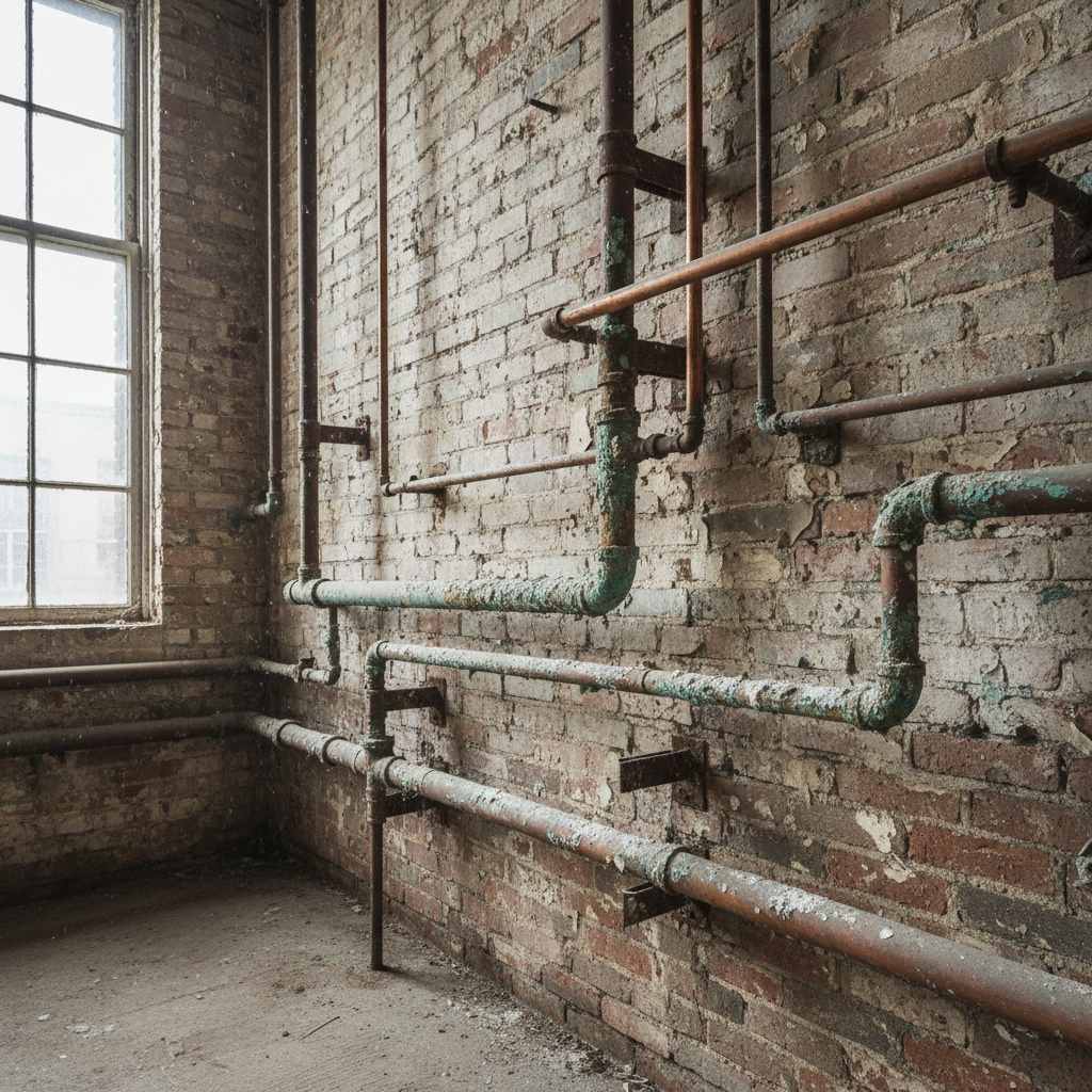 Exposed copper plumbing pipes in a pre-war building showing mineral buildup