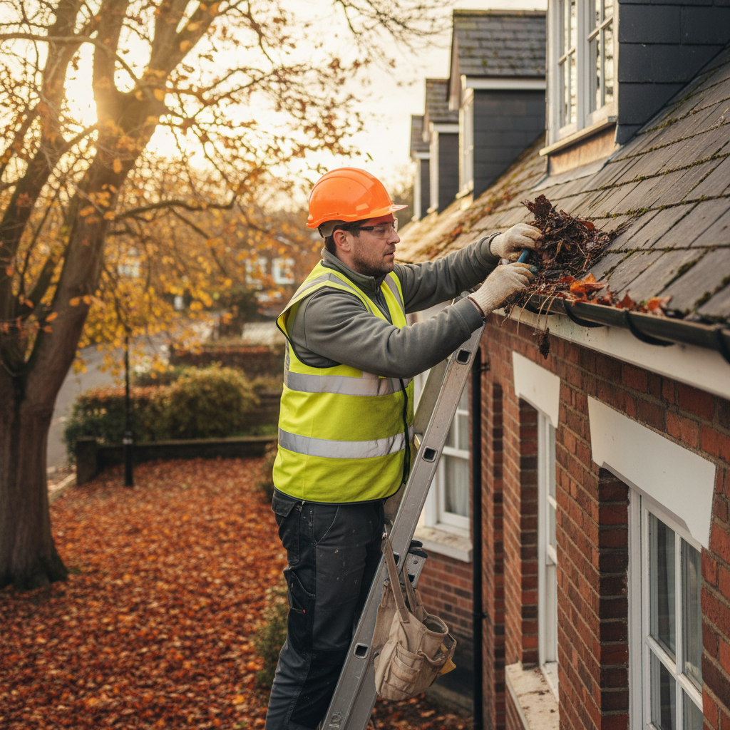 Clean, well-maintained gutters on a UK house exterior, bright sunny afternoon, clear open sky, airy and well-lit facade