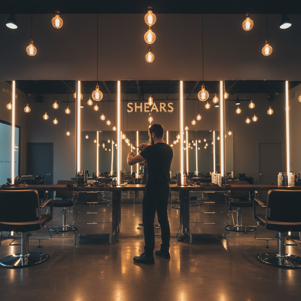 Inside Shears salon — mirrors reflecting warm tungsten bulbs, stylist mid-snip in silhouette, chrome tool trays gleaming