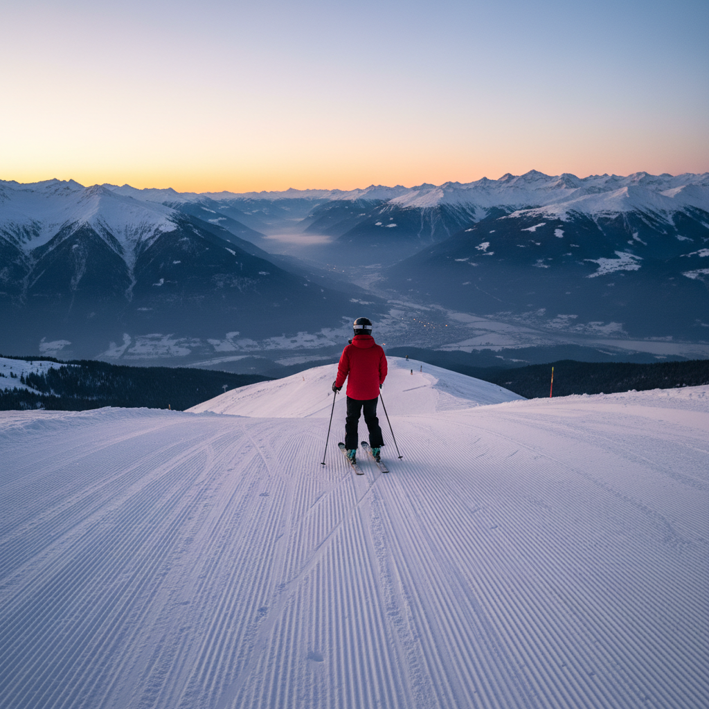 Lone ski instructor standing at the top of an empty piste at dawn, valley below in blue shadow