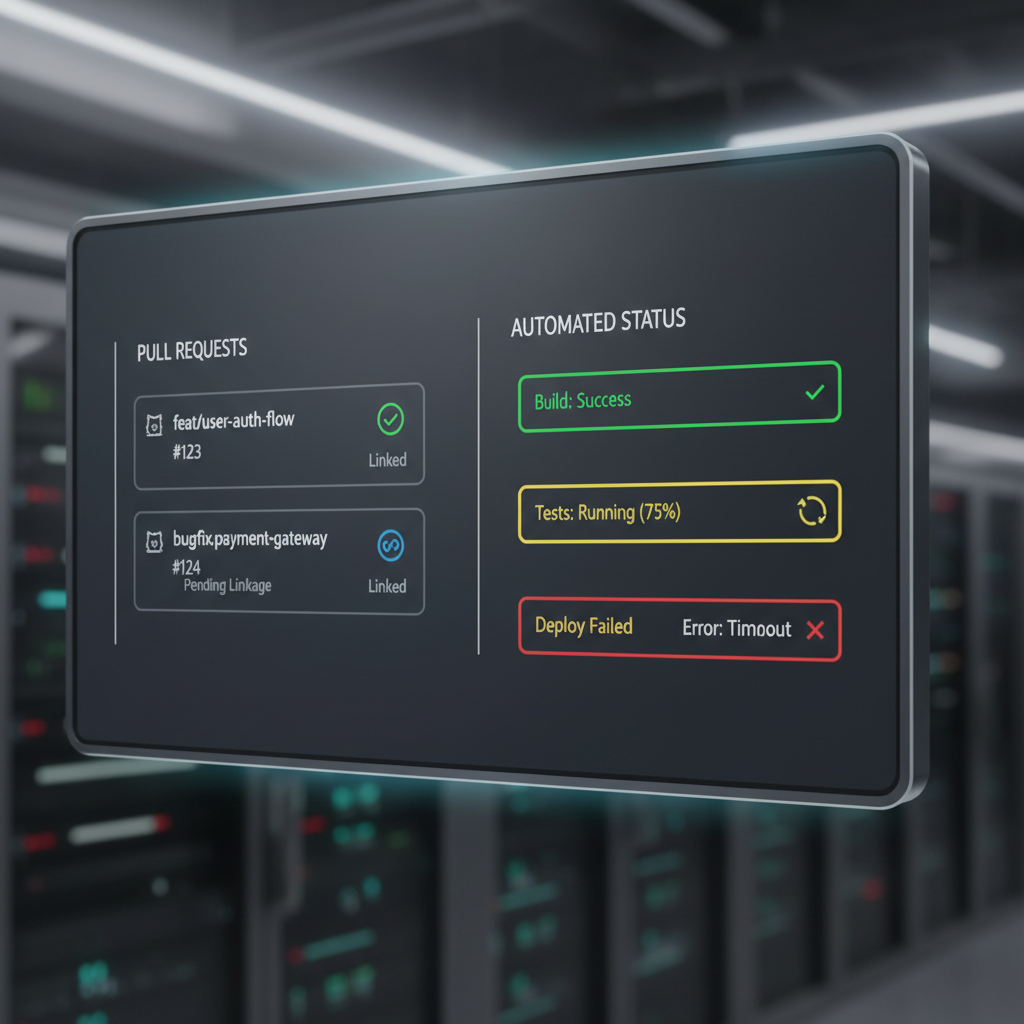 Linear GitHub integration panel showing pull request linkage and automated status updates