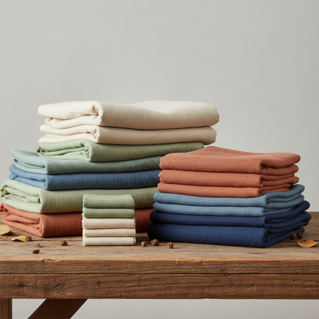 Natural textile samples and organic fabrics laid on white table, bright daylight, clean minimal setting