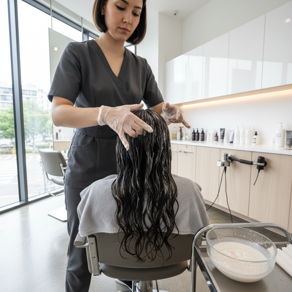 Hair treatment application in a professional dark-toned salon with moody atmospheric lighting