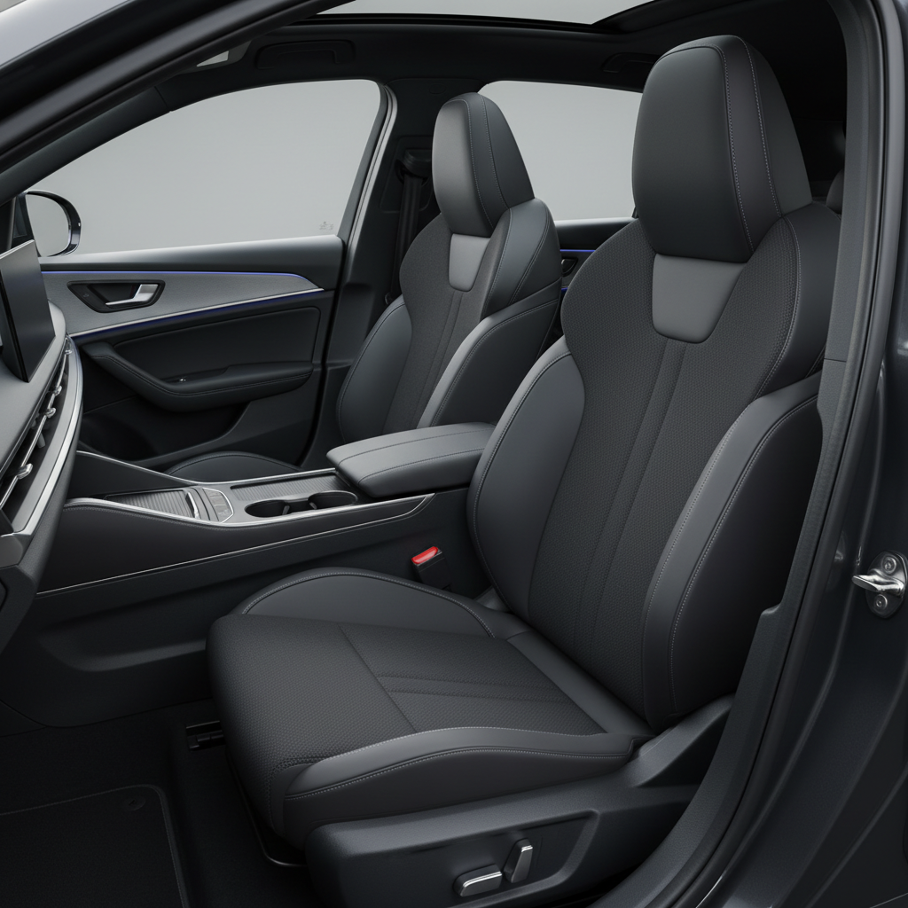 Clean car interior with spotless seats and dashboard, soft ambient lighting, beige leather