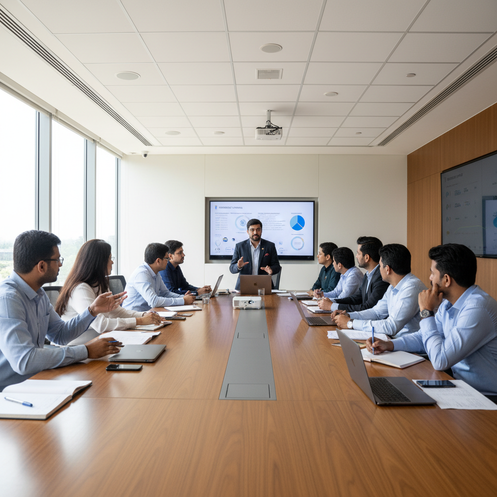 Professional in mid-gesture presenting in conference room meeting