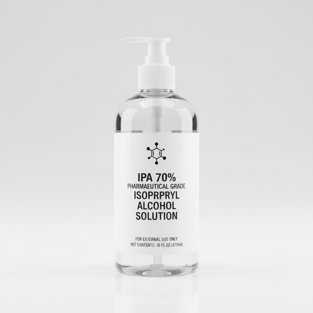 Isopropyl alcohol IPA in pharmaceutical grade bottle, high purity solvent