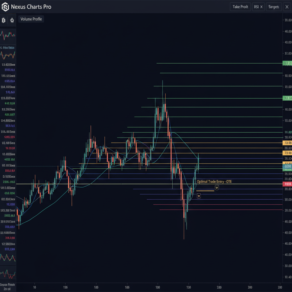 Dark trading charts with ascending price structure lines on multiple timeframes, professional dark background
