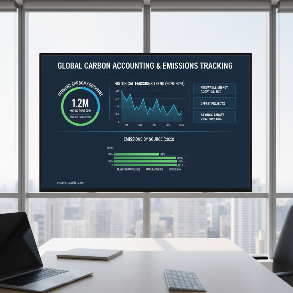 Data dashboard showing carbon accounting metrics and emissions tracking charts