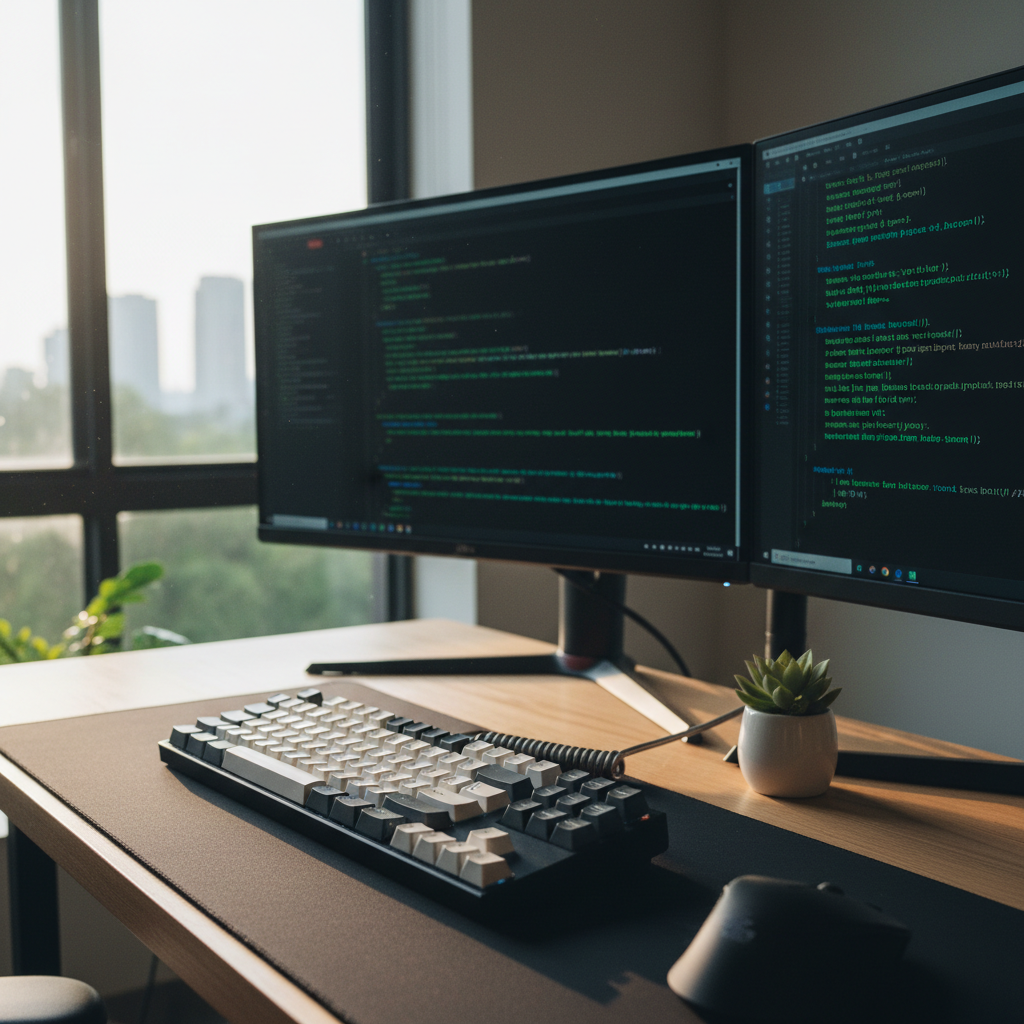 Developer workstation with dual monitors, tactile keyboard, plant on desk, morning light
