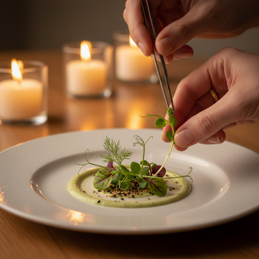 Chef hands carefully arranging microgreens on a white plate in a bright airy kitchen with natural light and clean marble surfaces