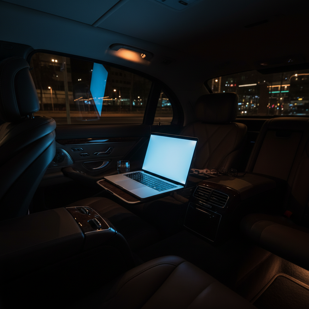 Laptop screen glowing in darkened rear cabin of luxury vehicle