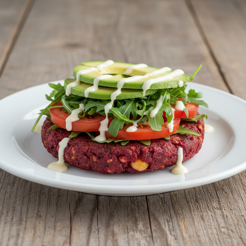 Hamburguesa vegetariana con aguacate y rúcula