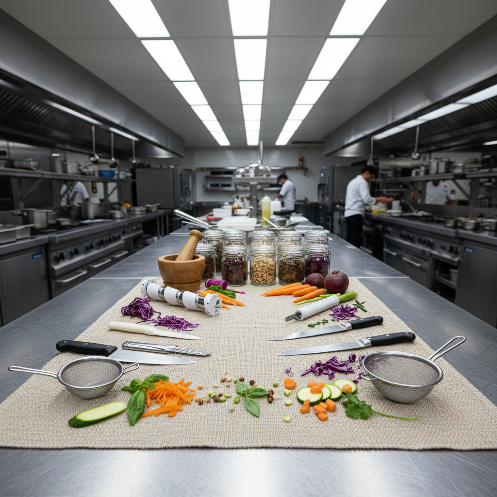 Professional kitchen workspace with raw food tools laid out precisely on a linen cloth