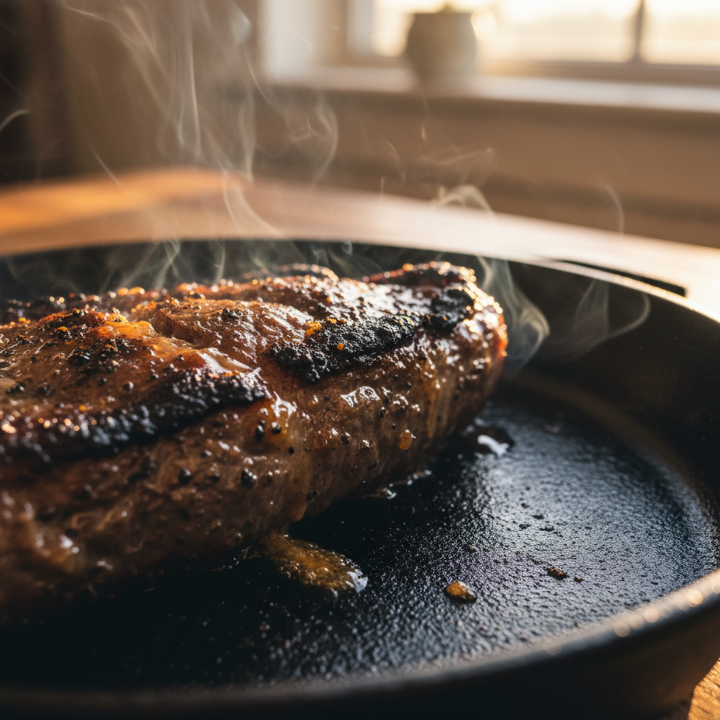 Close-up macro shot of charred meat edges with glistening fat on a cast iron pan, woodsmoke catering