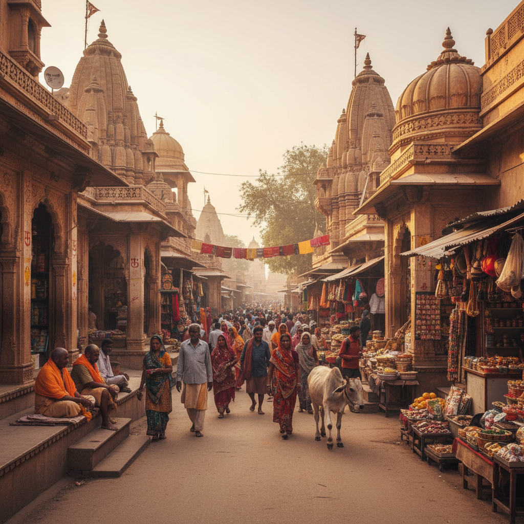 Thousands of camels and traders at Pushkar fair with colourful tents and desert landscape under golden sky