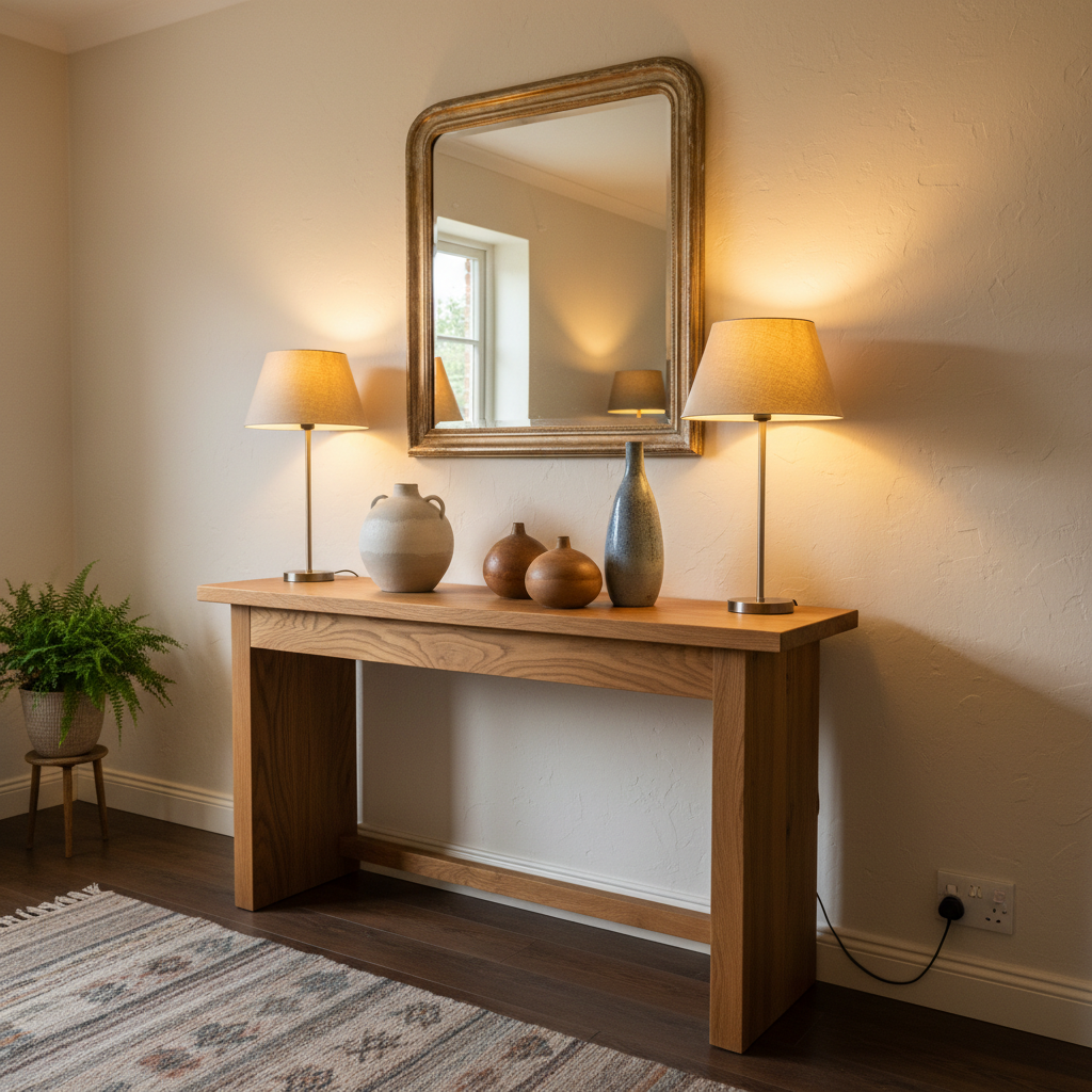 Danish oak hall console with ceramic accessories and vintage mirror in warm entryway setting