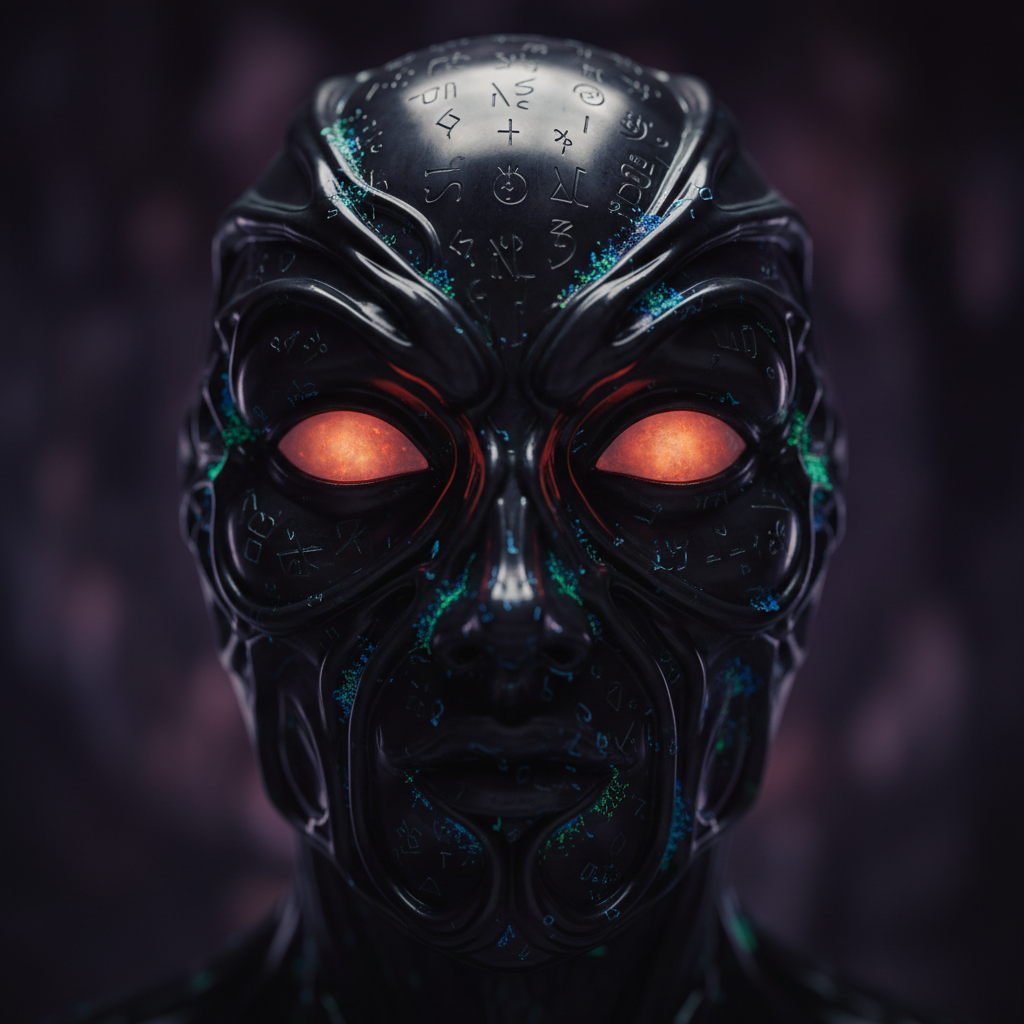 Dark surreal mask sculpture with glowing eyes in dim studio, obsidian surfaces, atmospheric shadows