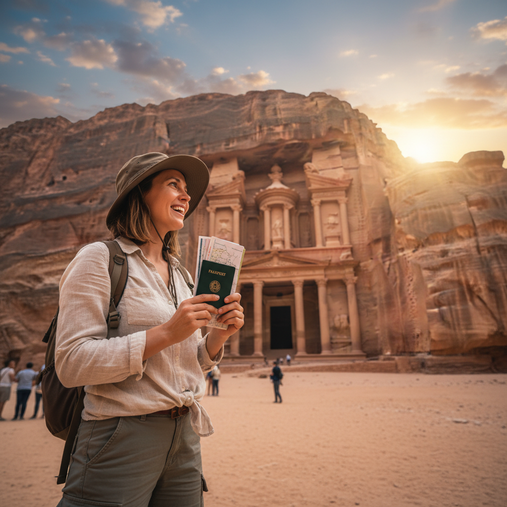 International traveler at a scenic landmark with passport and travel documents