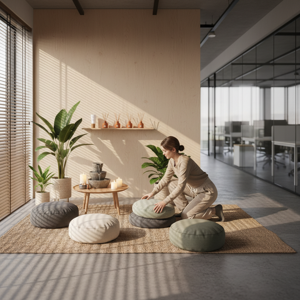 Wellness coordinator setting up a quiet meditation space in a modern office, soft morning light filtering through blinds