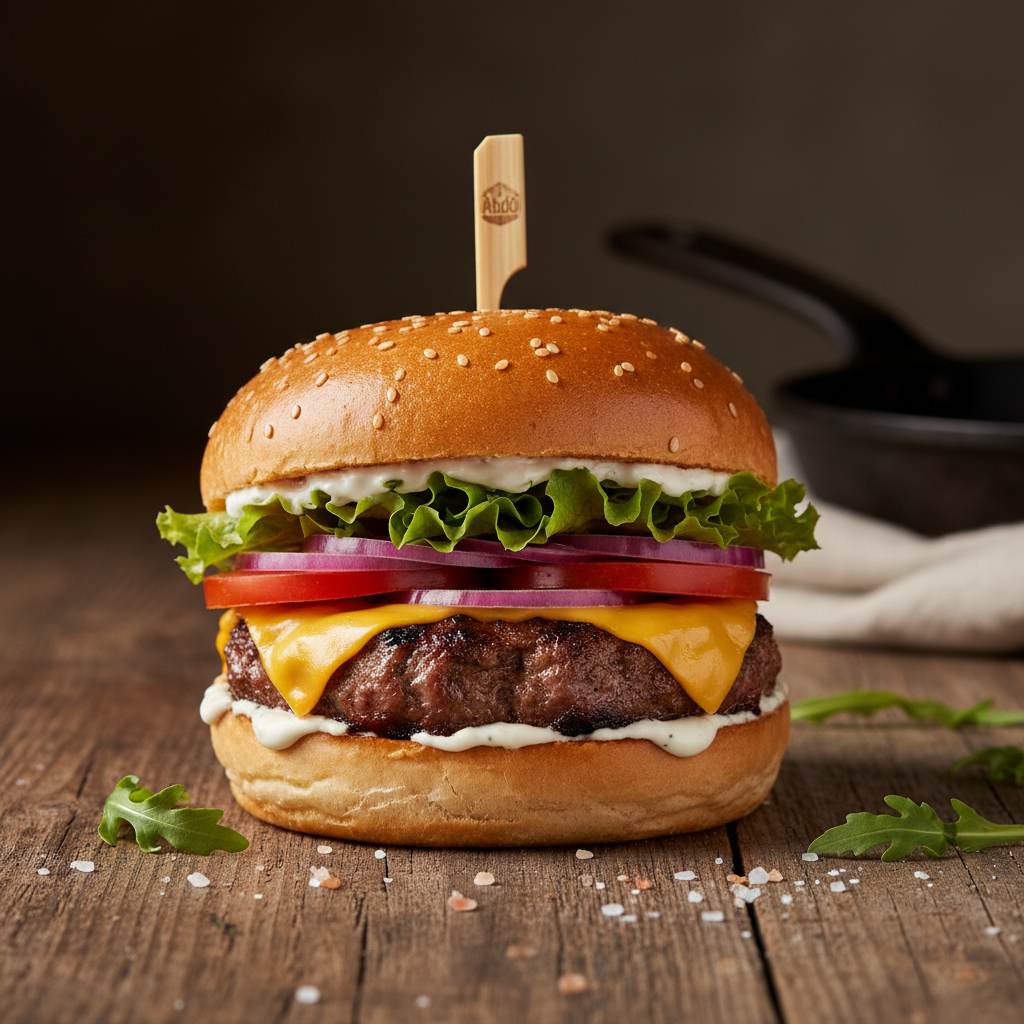 Veg Cheese Burger — Veg burger with extra cheese, Indian café food photography with warm colours and appetising presentation