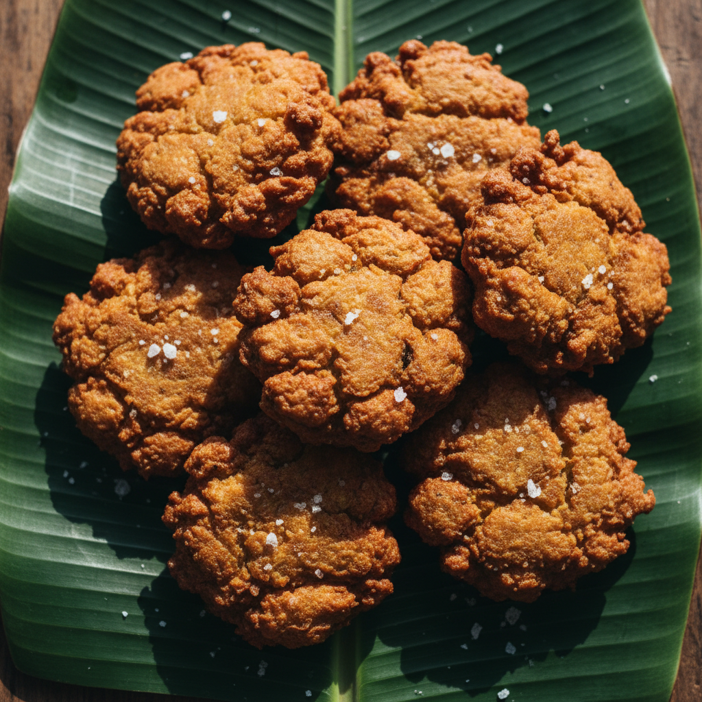 Akara bean fritters in golden brown overhead on banana leaf with salt