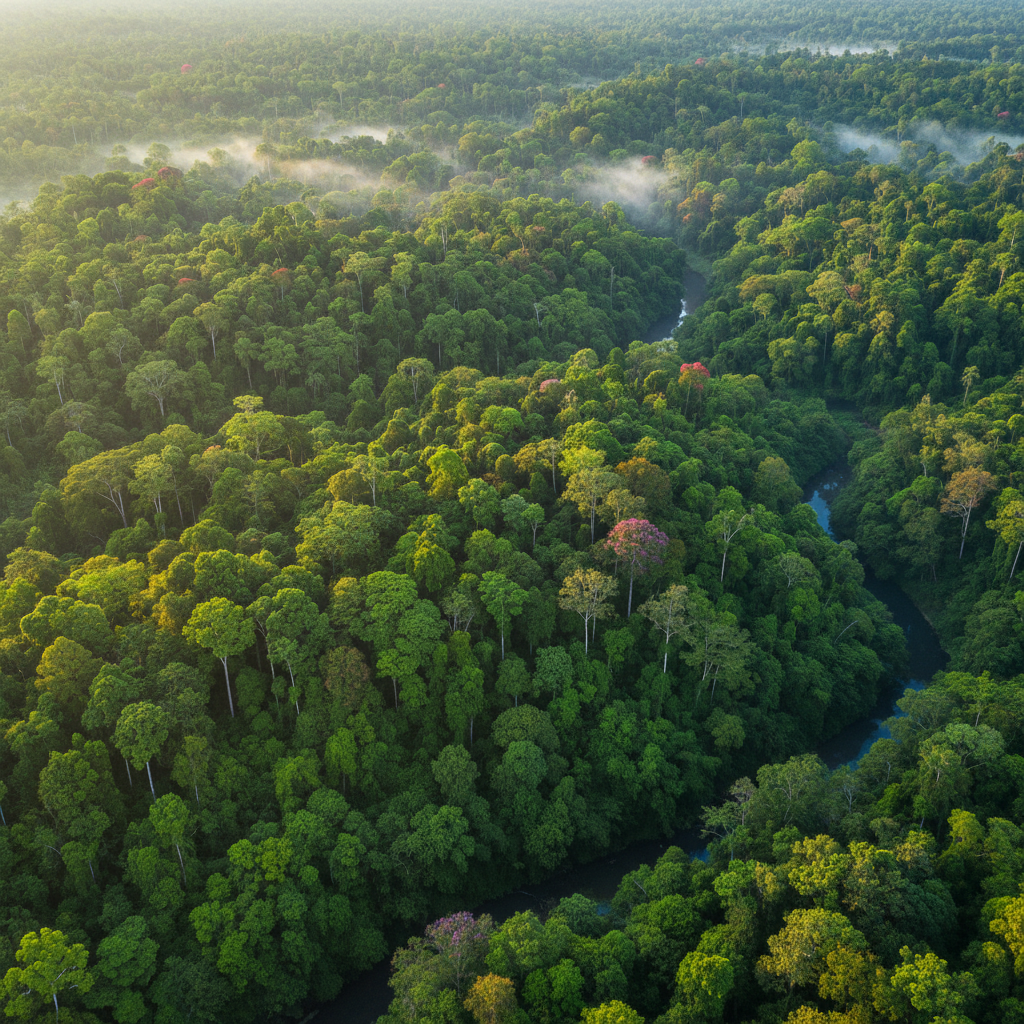 Dense Amazon rainforest aerial view, lush green canopy, winding river through jungle, morning mist