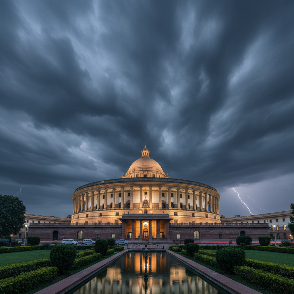 Indian parliament building at dusk with silhouettes of crowd gathered in front, dark atmospheric lighting, deep green and orange tones