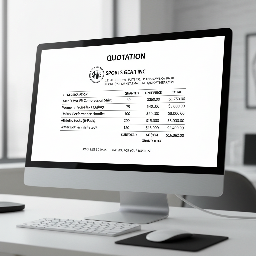 Business document with invoice and quote generation interface on laptop screen