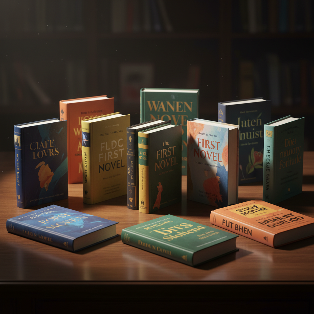 Collection of debut novels arranged artfully, warm editorial lighting, dark background